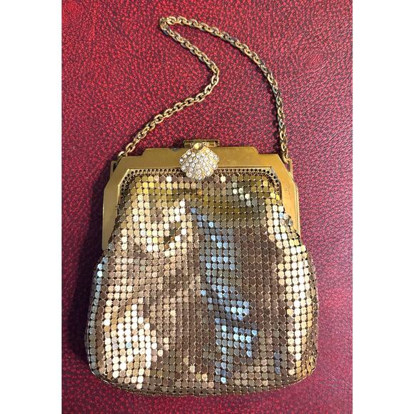 Antique WHITING & DAVIS 1930s Gold Mesh Purse With Ornate Rhinestone Clasp - Picture 1 of 13
